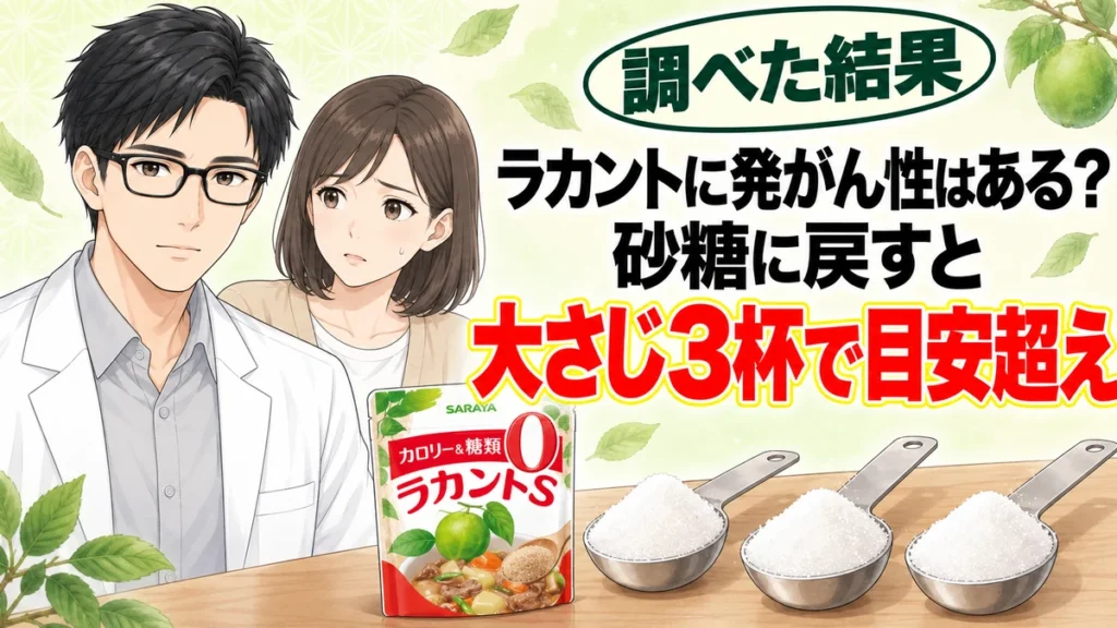 ラカントに発がん性はある？砂糖に戻すと大さじ3杯で目安超え。ラカントS顆粒の袋と砂糖を山盛りにした大さじ3本、セイジとナナ