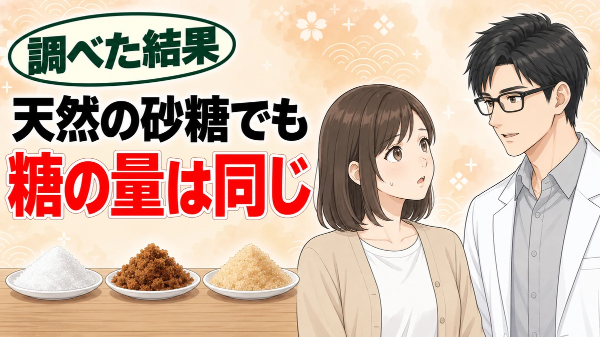 天然の砂糖でも糖の量は同じ。上白糖・黒砂糖・てんさい糖を並べた皿