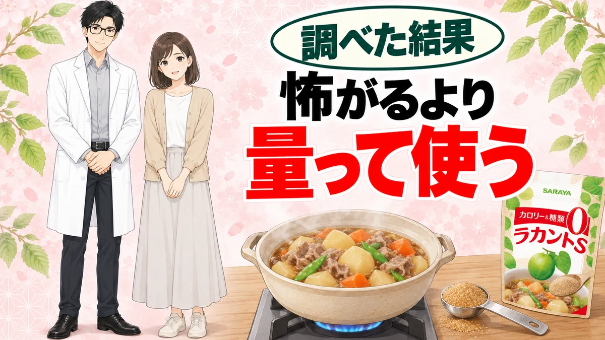怖がるより量って使う。煮物の鍋と大さじとラカントS顆粒の袋