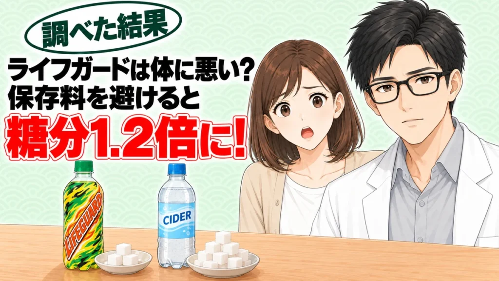ライフガードは体に悪い？保存料を避けると糖分1.2倍に、とライフガードとサイダーのボトルと角砂糖を前に驚くナナと解説するセイジのアイキャッチ