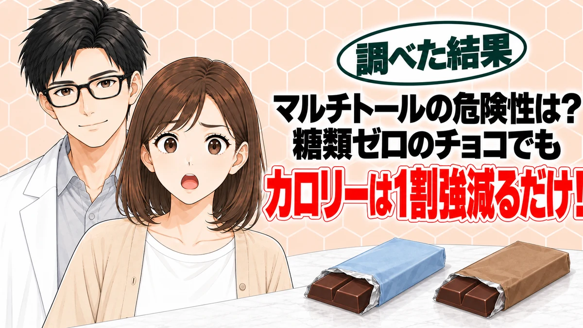 マルチトールの危険性は？糖類ゼロのチョコでもカロリーは1割強しか減らない、と2種類のチョコを前に驚くナナと微笑むセイジのアイキャッチ