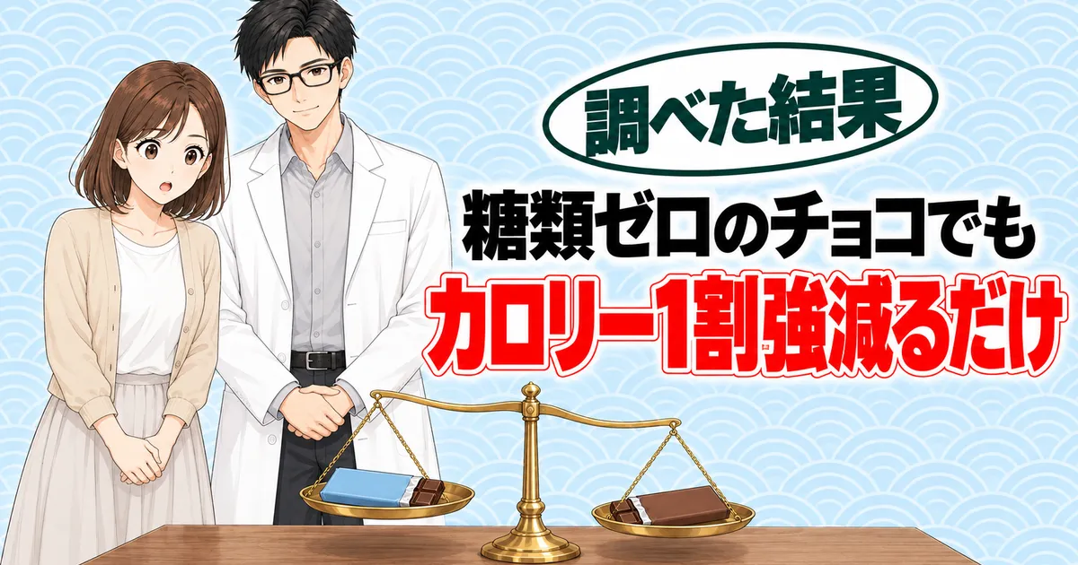 糖類ゼロのチョコでもカロリーは1割強減るだけ、とほぼ釣り合った天びんの2枚のチョコを見るセイジとナナのバナー