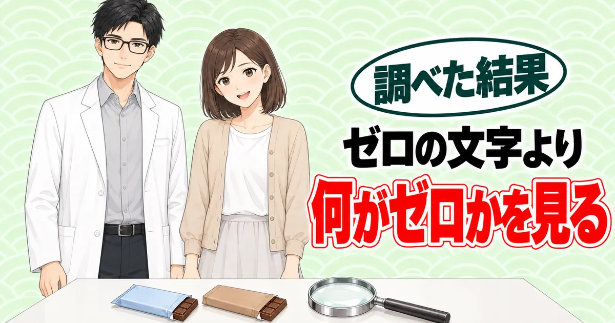 ゼロの文字より何がゼロかを見る、と2枚のチョコと虫めがねの前に並ぶセイジとナナのバナー