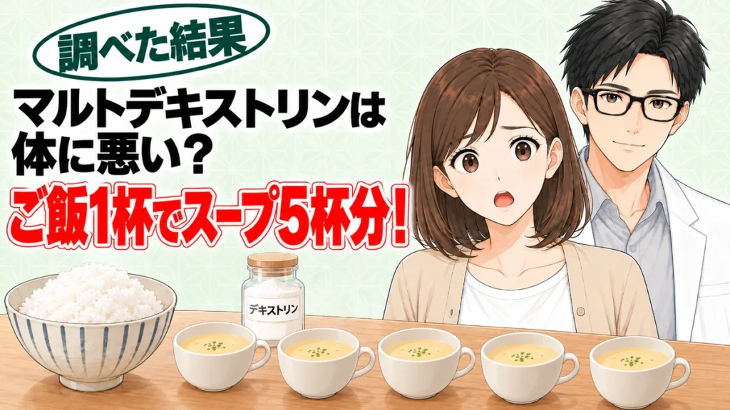 マルトデキストリンは体に悪い？ご飯1杯でスープ5杯分、とご飯茶わんとポタージュ5杯を前に驚くナナと解説するセイジのアイキャッチ