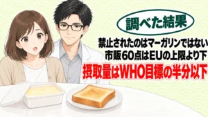マーガリンは日本だけ規制なし?海外で規制されたのはトランス脂肪酸、とトーストとマーガリンを前にしたナナとセイジのアイキャッチ