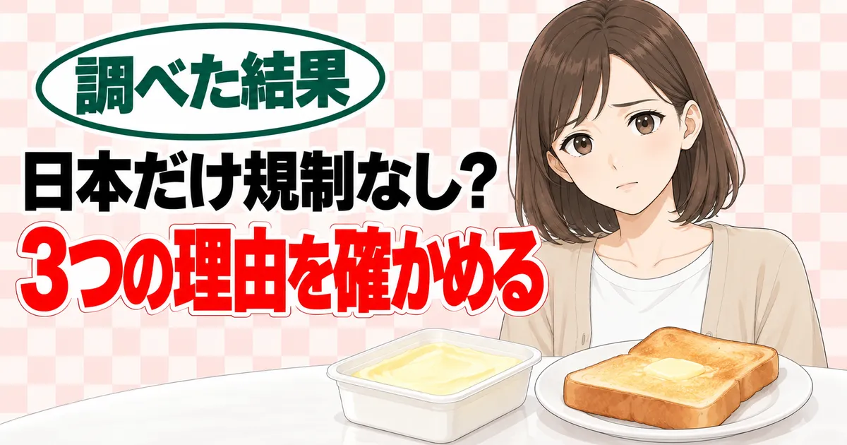 マーガリンは日本だけ規制なし?3つの理由を確かめる、と不安そうなナナのバナー