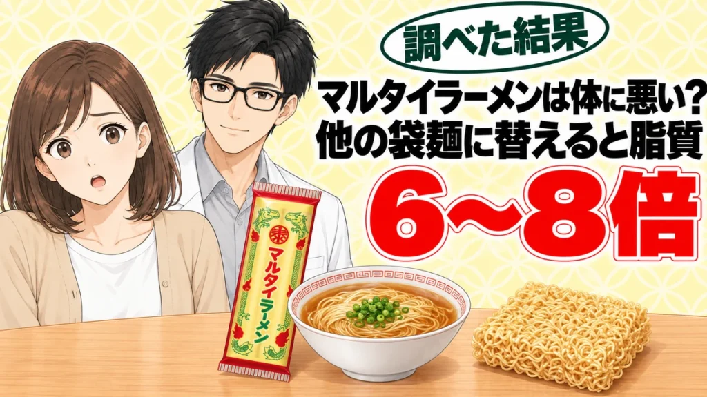 マルタイラーメンは体に悪い？他の袋麺に替えると脂質6〜8倍、とマルタイラーメンの袋・ラーメン丼・揚げた麺を前に驚くナナと微笑むセイジのアイキャッチ