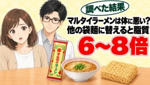 マルタイラーメンは体に悪い？他の袋麺に替えると脂質6〜8倍、とマルタイラーメンの袋・ラーメン丼・揚げた麺を前に驚くナナと微笑むセイジのアイキャッチ
