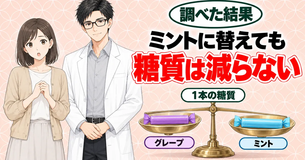 メントスをミントに替えても糖質は減らない、と天秤で比べるナナとセイジのバナー