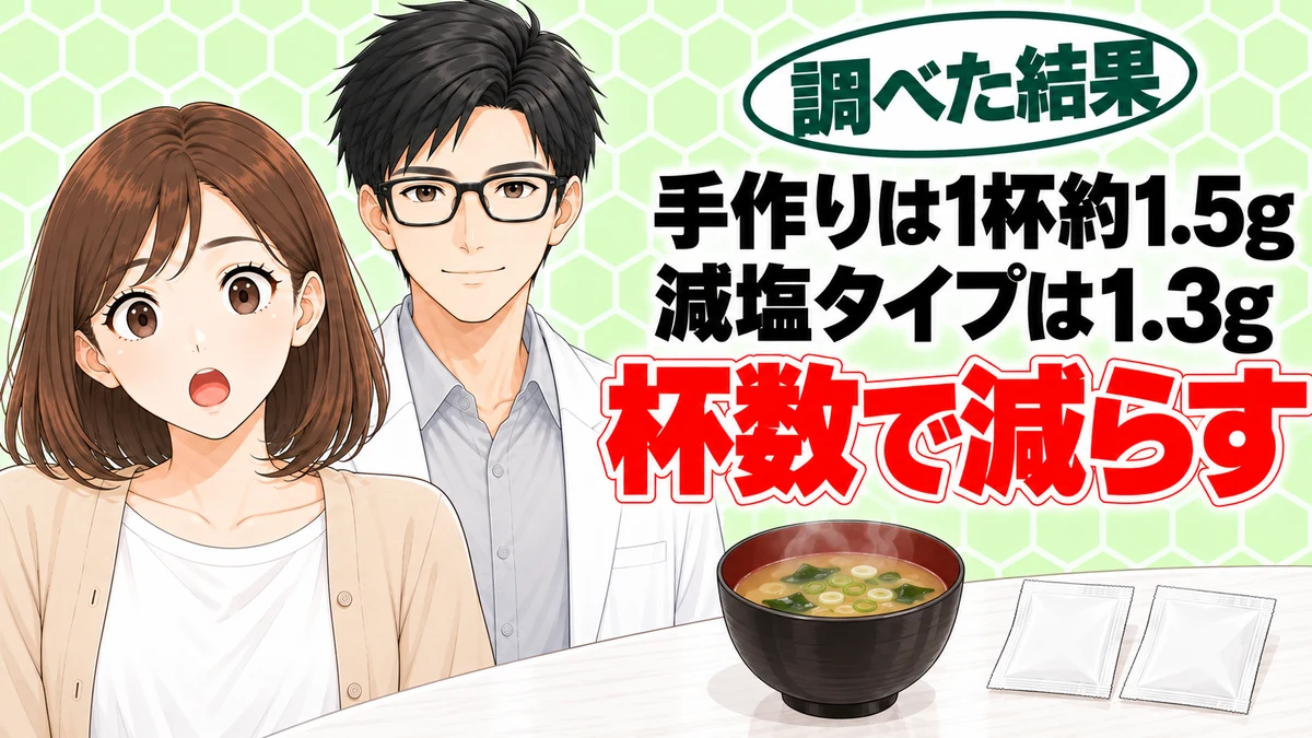 インスタント味噌汁は体に悪い？手作りでも減塩タイプより塩分が多い、とみそ汁のお椀と小袋を前に驚くナナと微笑むセイジのアイキャッチ