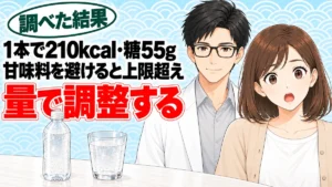 三ツ矢サイダーのカロリーは？甘味料を避けると糖は1日の上限超え、と無地のボトルとコップを前に驚くナナと微笑むセイジのアイキャッチ