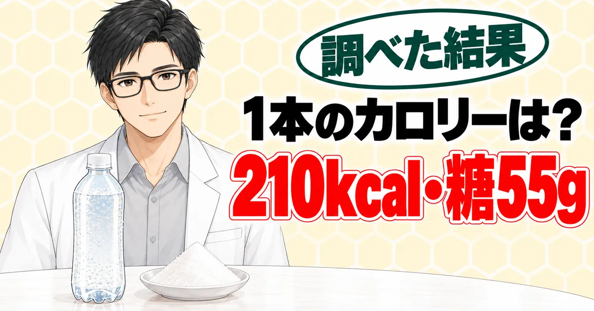 1本のカロリーは？210kcal・糖55g、とボトルと砂糖の小皿を前に説明するセイジのバナー