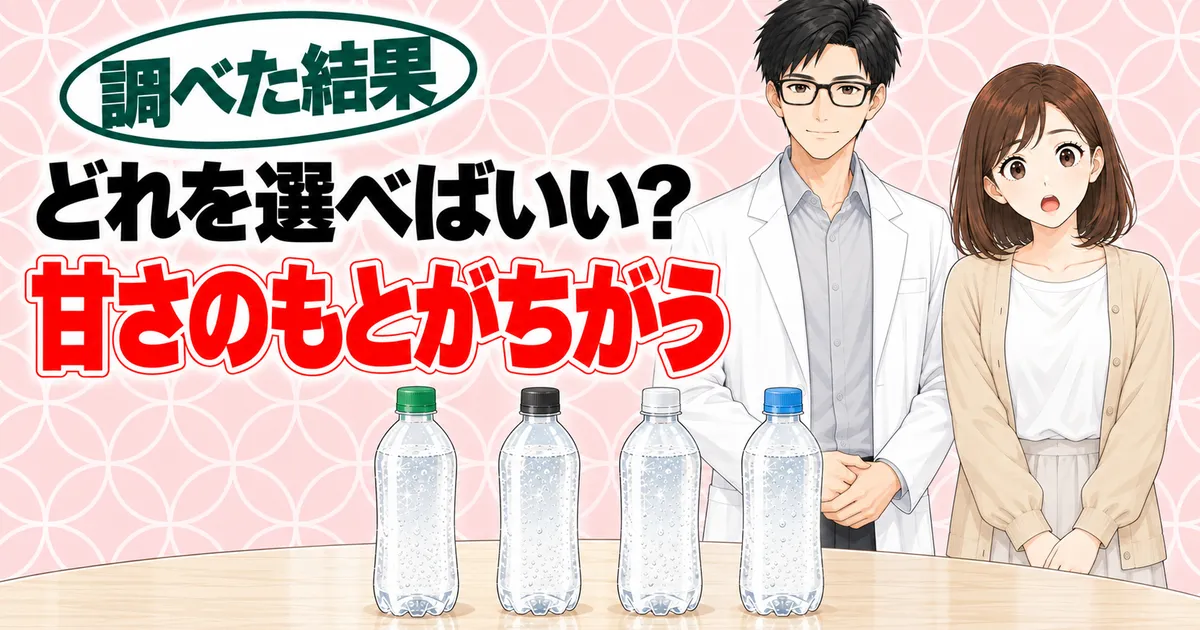 どれを選べばいい？甘さのもとがちがう、とふたの色がちがう4本のボトルとナナとセイジのバナー