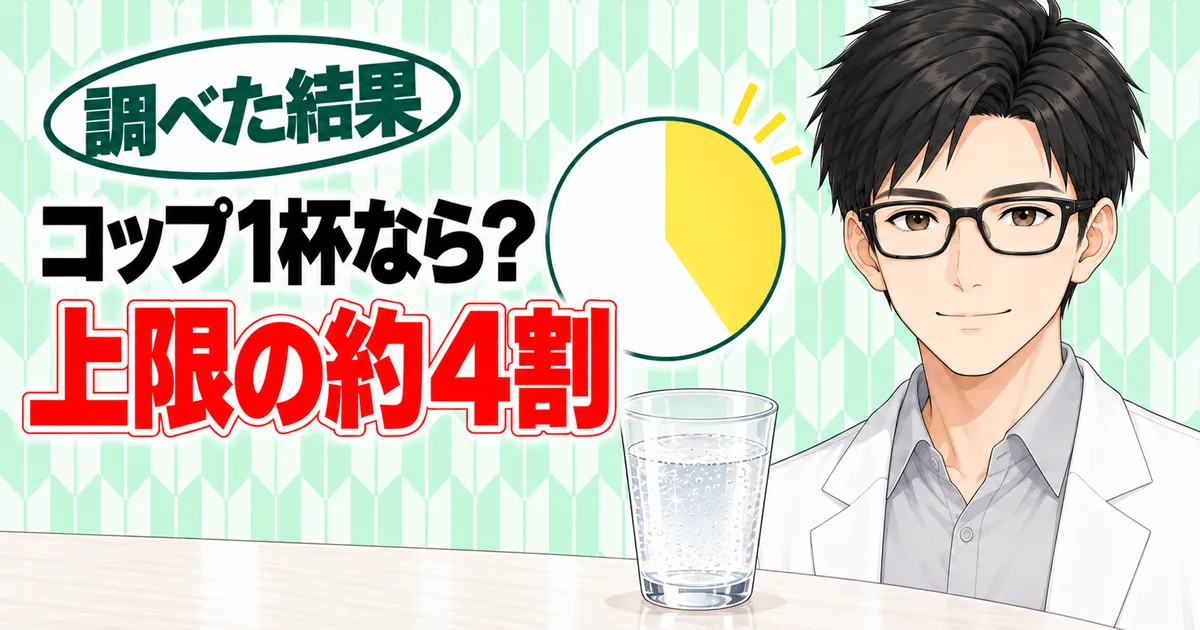 コップ1杯なら？上限の約4割、と4割を塗った円グラフとコップを前に微笑むセイジのバナー