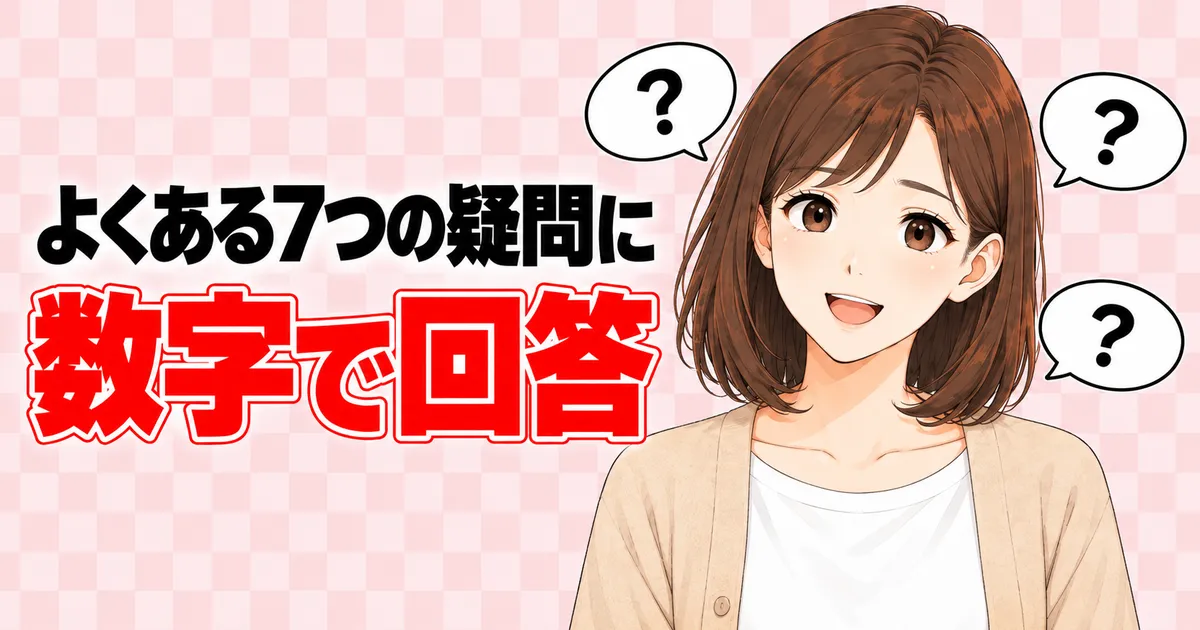 よくある7つの疑問に数字で回答、と?の吹き出しと笑顔のナナ