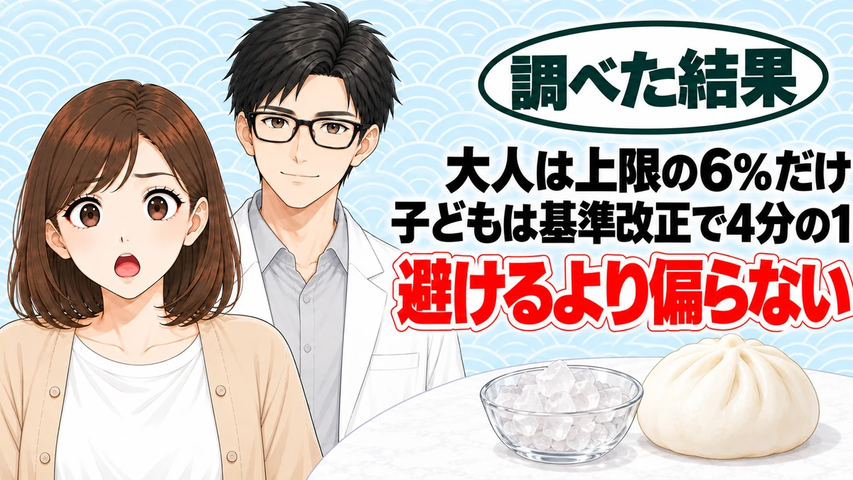 ミョウバンの毒性はやばい？結晶の小皿と蒸しまんじゅうを前に驚くナナと微笑むセイジのアイキャッチ