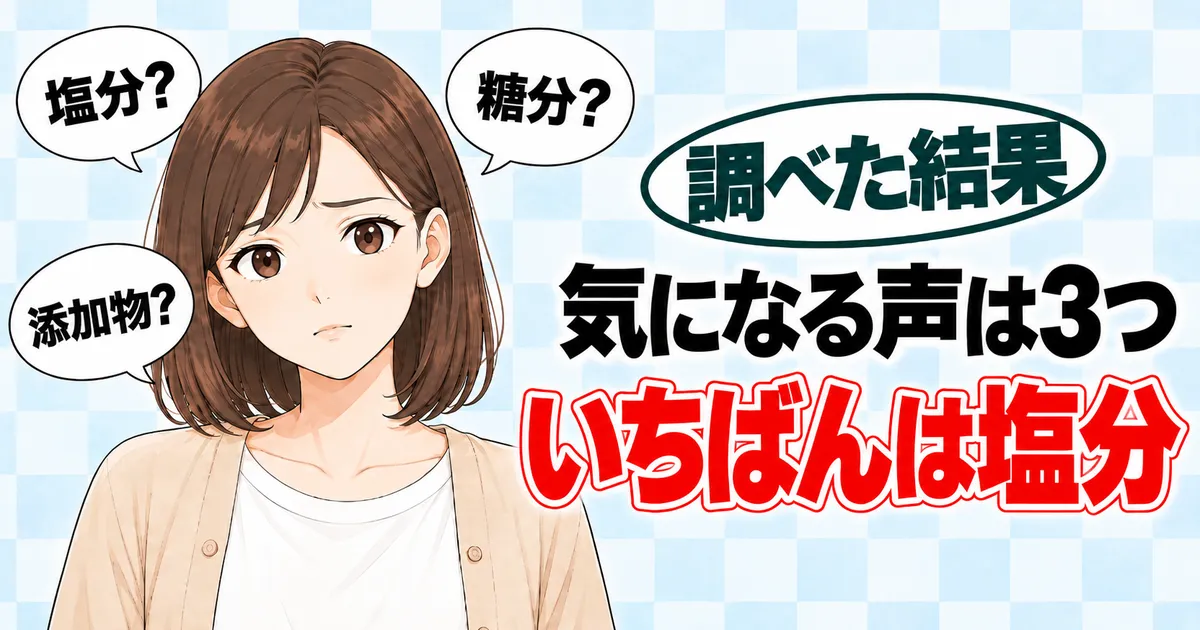 納豆のたれが体に悪いと言われる理由のバナー。気になる声は3つ、いちばんは塩分と書かれ、困った顔のナナ