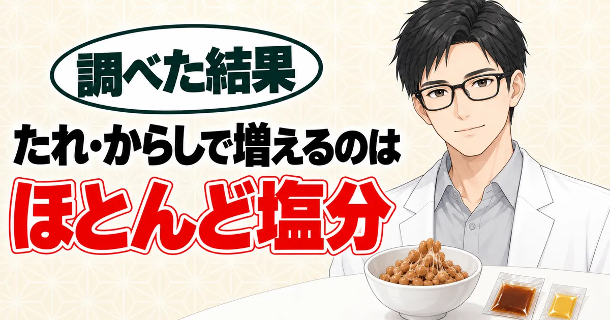 納豆のたれの原材料と栄養成分のバナー。たれ・からしで増えるのはほとんど塩分と書かれ、納豆とたれの小袋を前に説明するセイジ