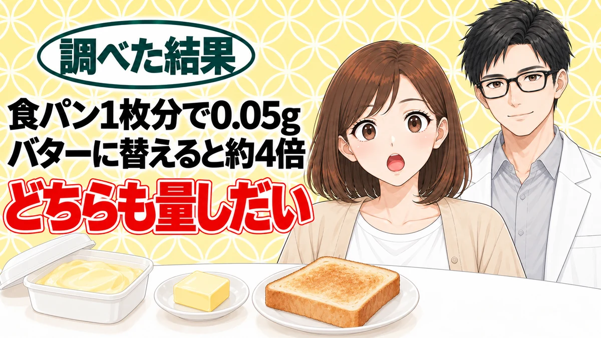 ネオソフトのトランス脂肪酸は？バターに替えると約4倍、とトーストと無地の容器を前に驚くナナと微笑むセイジのアイキャッチ