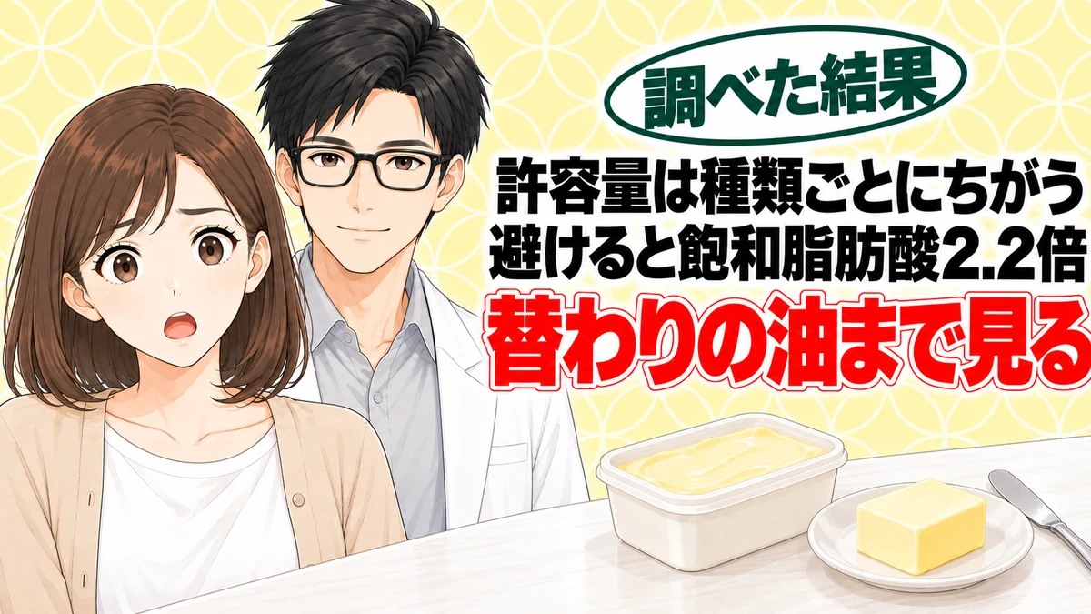 乳化剤は体に悪い?避けてバターにすると飽和脂肪酸は2.2倍、とマーガリンの容器とバターを前に驚くナナと微笑むセイジのアイキャッチ