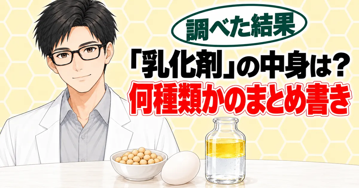 「乳化剤」の中身は?何種類かのまとめ書き、と大豆と卵と水と油のびんを前に説明するセイジのバナー
