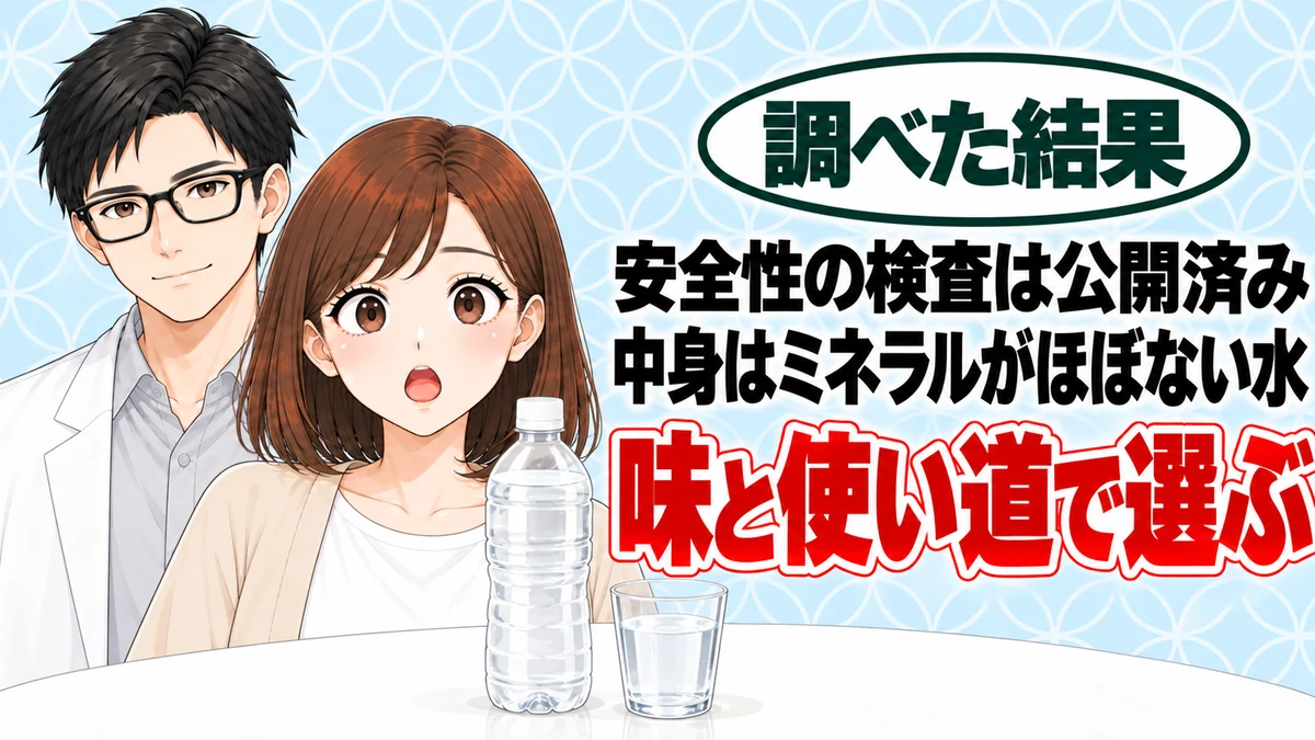温泉水99は安全性の検査は公開済み、中身はミネラルがほぼない水、味と使い道で選ぶ、と無地のボトルの水を前に驚くナナと微笑むセイジのアイキャッチ