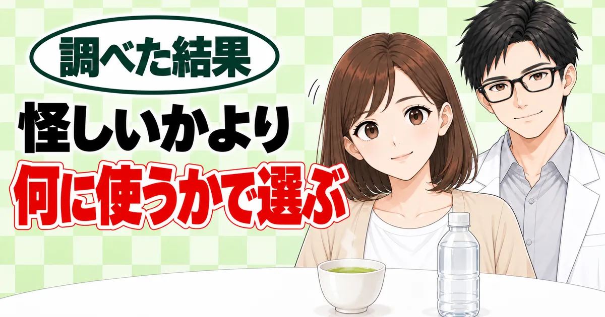 怪しいかより何に使うかで選ぶ、とうなずくナナと微笑むセイジ、緑茶とボトルのバナー