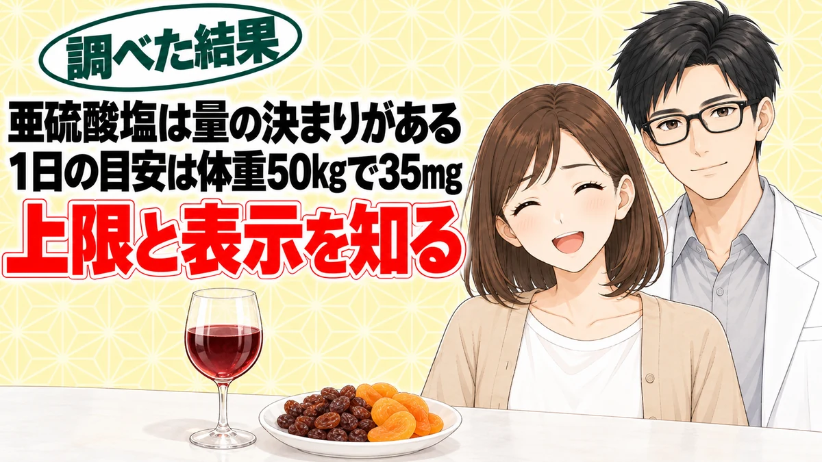 ピロ亜硫酸ナトリウムは危険？ワインの上限は1kgで0.35g、喘息の人は表示を見る、とワインとドライフルーツを前に話すナナとセイジのアイキャッチ