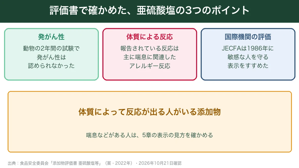 評価書で確かめた亜硫酸塩の3つのポイント：発がん性・体質による反応・国際機関の評価