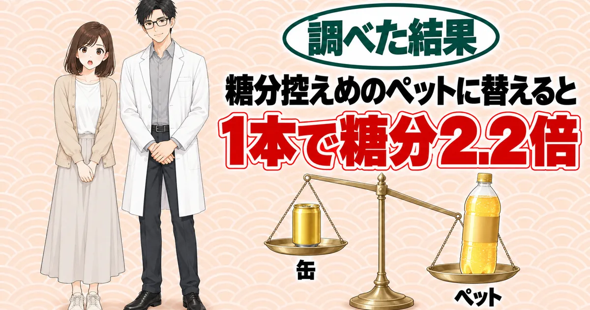 糖分控えめのペットに替えると1本で糖分2.2倍になることを天びんで示すバナー