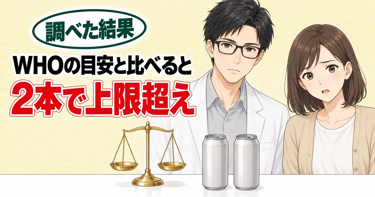 WHOの目安と比べるとレッドブルは2本で上限超え、と缶2本と天びんを前にしたセイジとナナのバナー