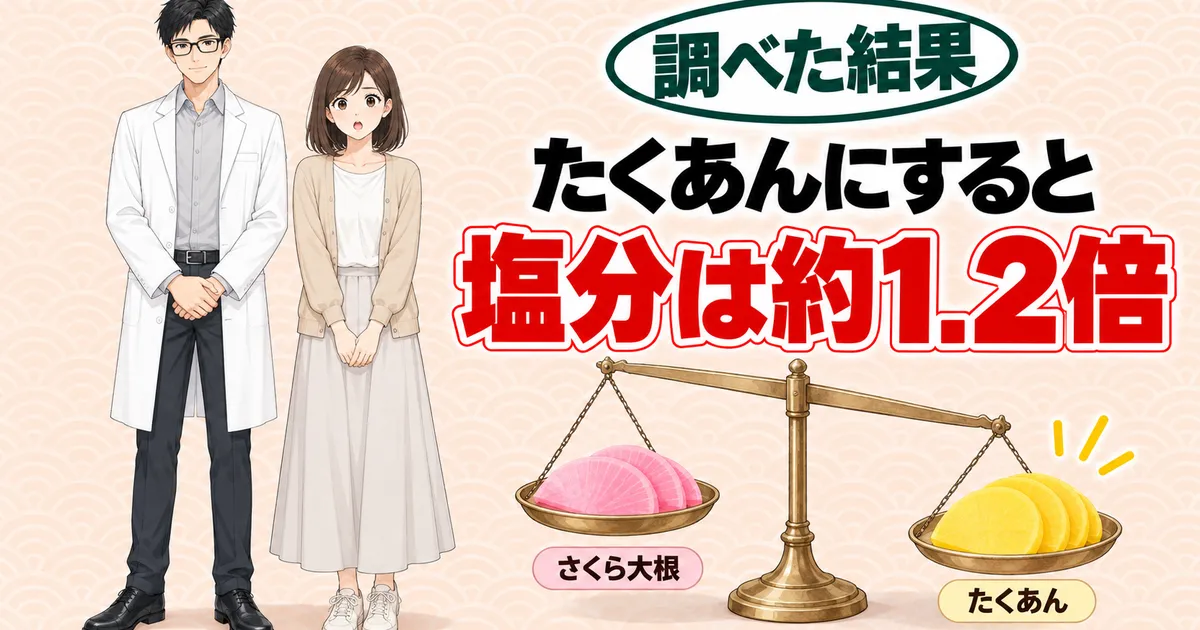 着色料を避けてたくあんにすると塩分は約1.2倍になることを天びんで示すバナー