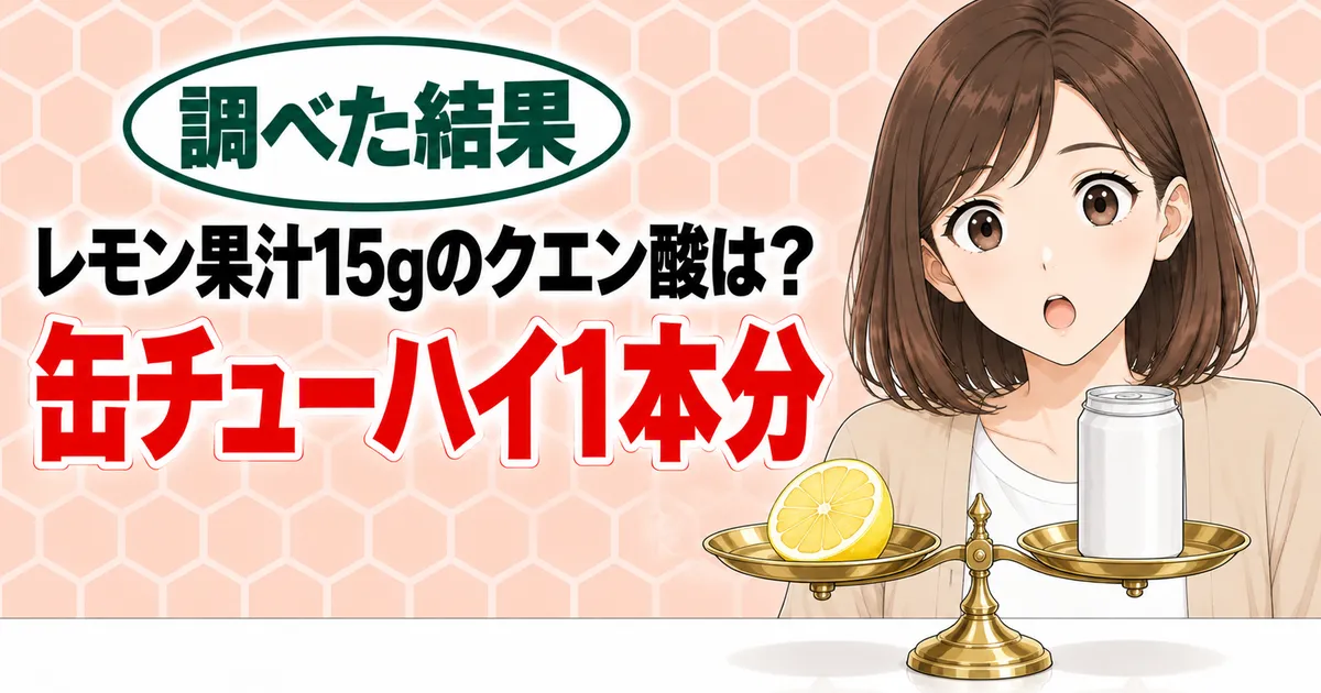 レモン果汁15gのクエン酸は缶チューハイ1本分、とレモンと缶がつり合う天びんの前で驚くナナのバナー