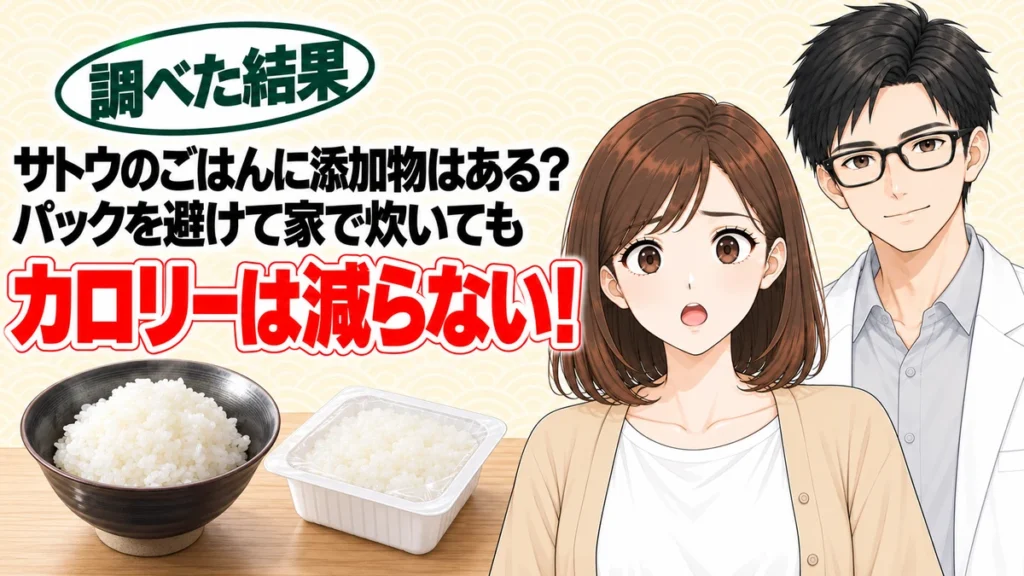 サトウのごはんに添加物はある？パックを避けて家で炊いてもカロリーは減らない、とご飯を前に驚くナナと微笑むセイジのアイキャッチ