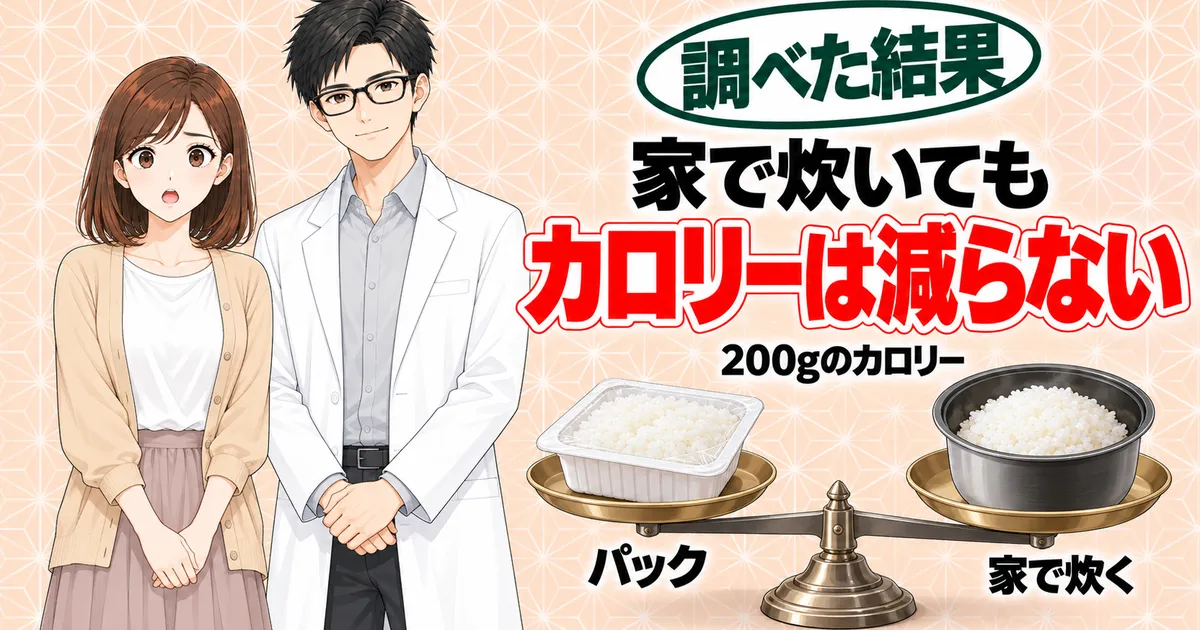 家で炊いてもカロリーは減らない、とパックご飯と炊いたご飯を天秤で比べるナナとセイジのバナー