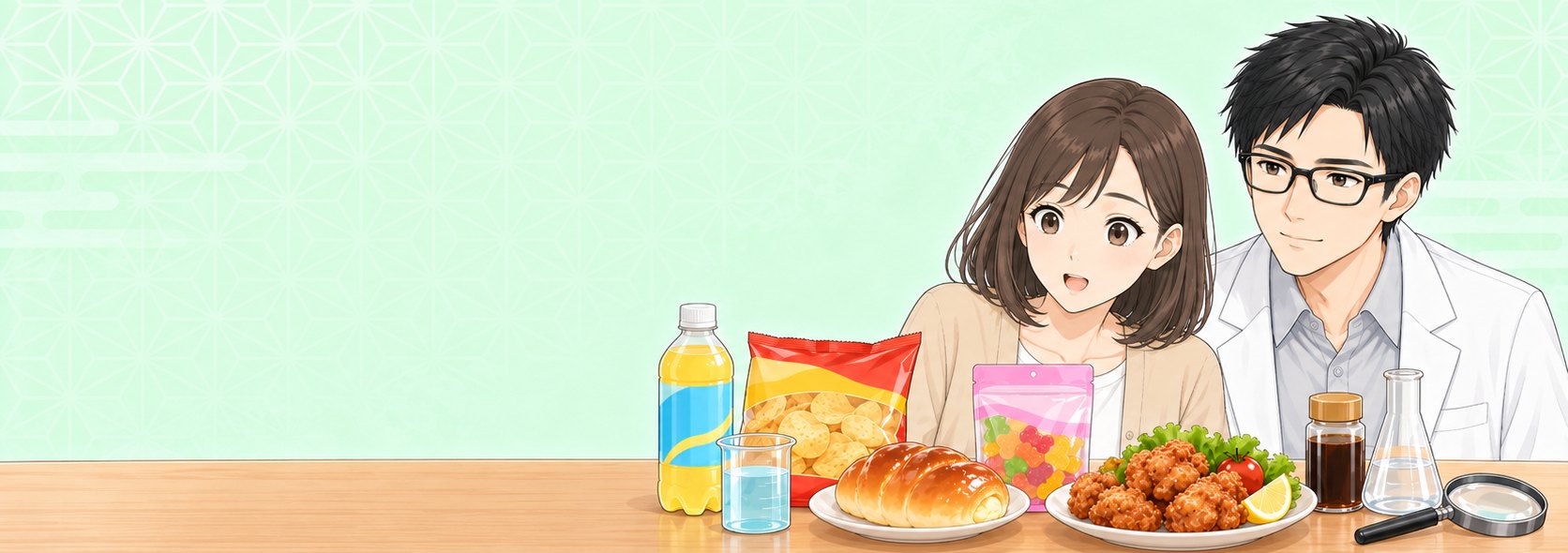 成分ラボの研究員セイジとナナが、身近な食品を見比べているイラスト