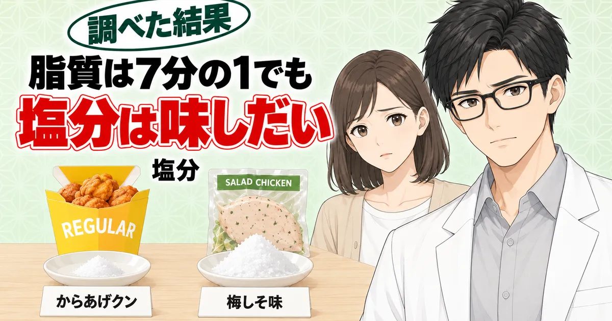 脂質は7分の1でも塩分は味しだい、とからあげクンと梅しそ味サラダチキンの塩の量を比べる真剣なセイジとナナのバナー