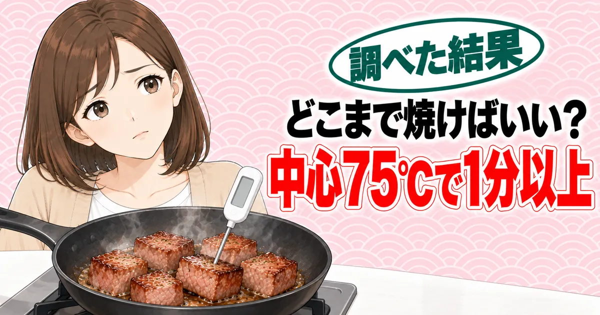 どこまで焼けばよいか、中心75℃で1分以上と温度計で表したナナのバナー