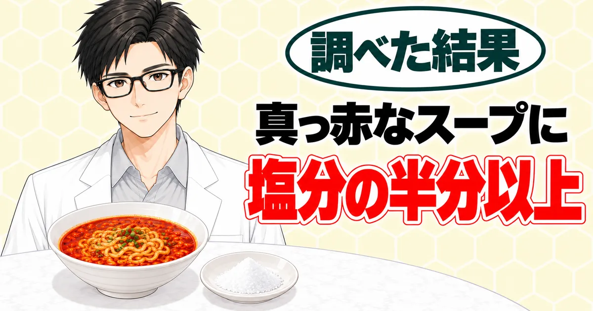 辛ラーメンの原材料と栄養成分のバナー。真っ赤なスープに塩分の半分以上と書かれ、ラーメンと塩を前に説明するセイジ