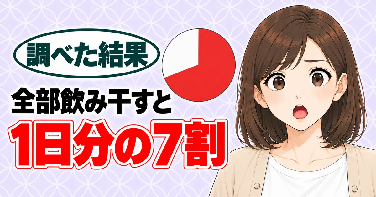 辛ラーメンの塩分のバナー。全部飲み干すと1日分の7割と書かれ、7割が赤い円グラフの横で驚くナナ