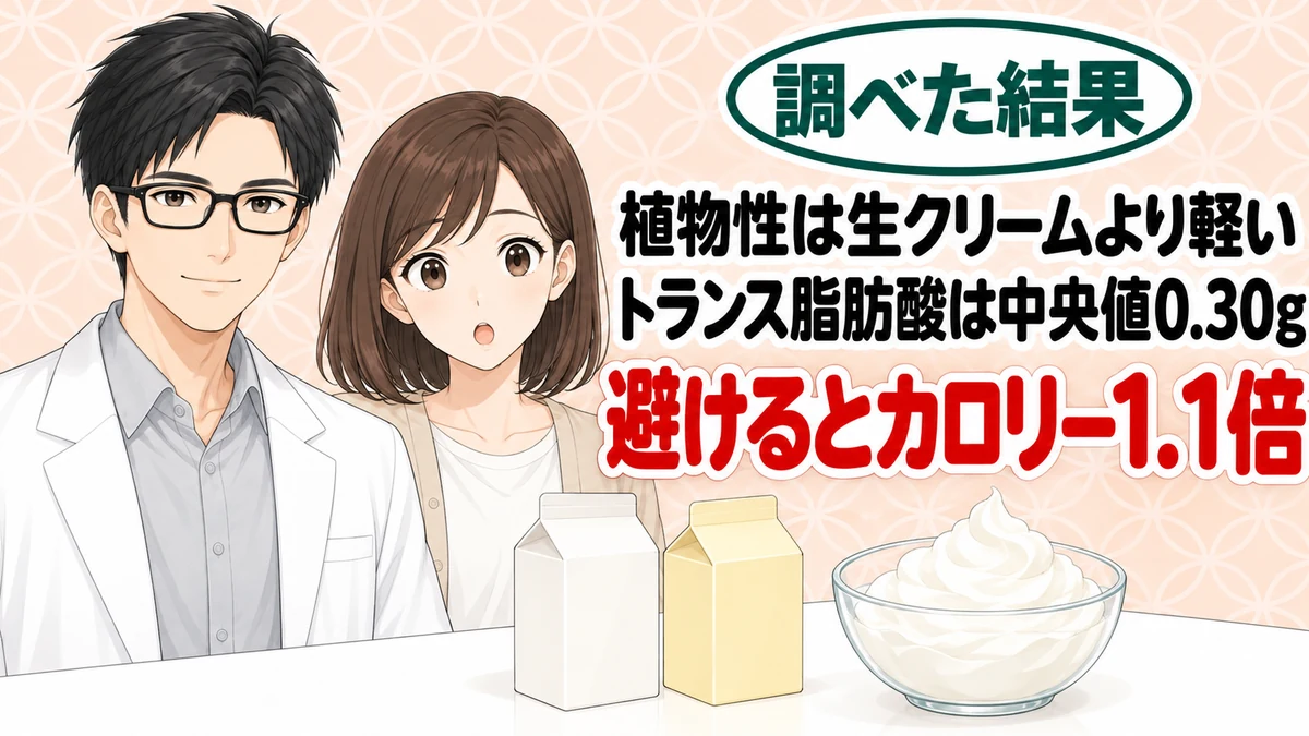 植物性は生クリームより軽い、トランス脂肪酸は中央値0.30g、避けるとカロリー1.1倍、と2つの紙パックと泡立てたクリームを前に微笑むセイジと驚くナナのアイキャッチ