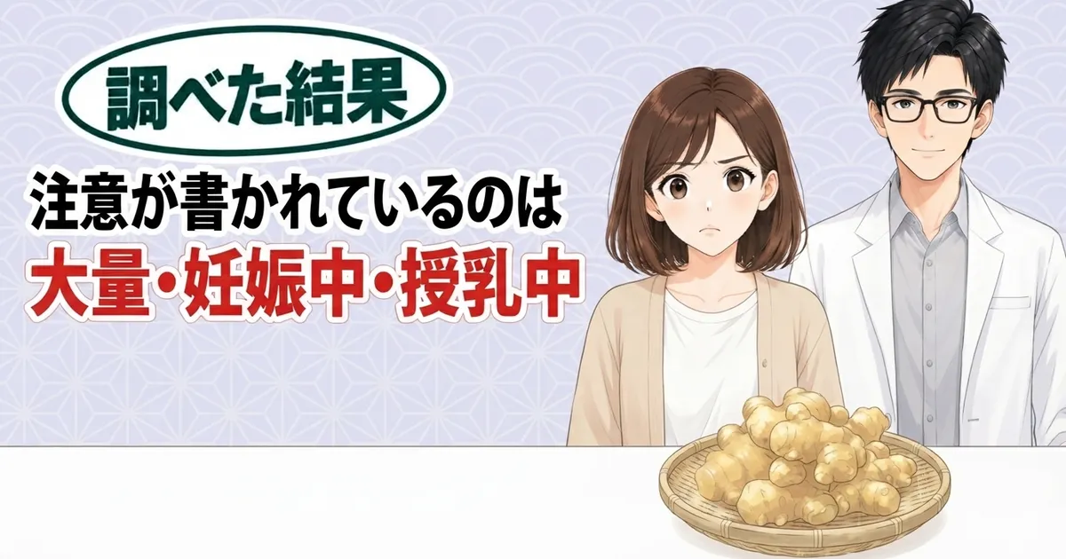 注意が書かれているのは大量・妊娠中・授乳中、と生姜を盛ったざるを前にしたナナとセイジのバナー