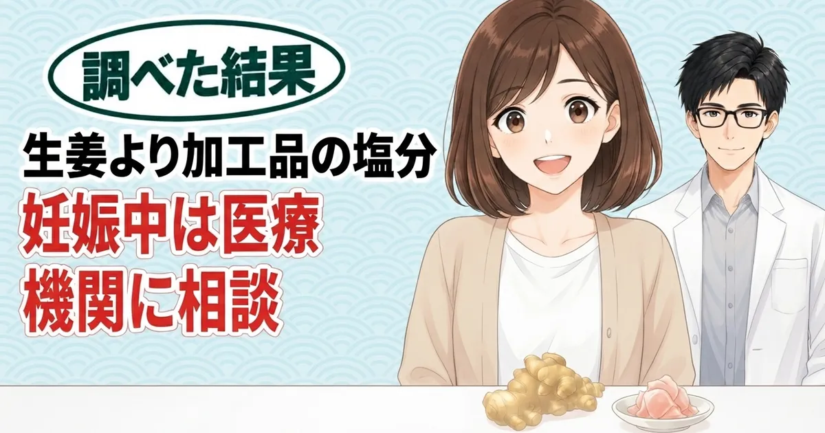生姜より加工品の塩分、妊娠中は医療機関に相談、と生姜とガリを前に笑うナナとセイジのバナー