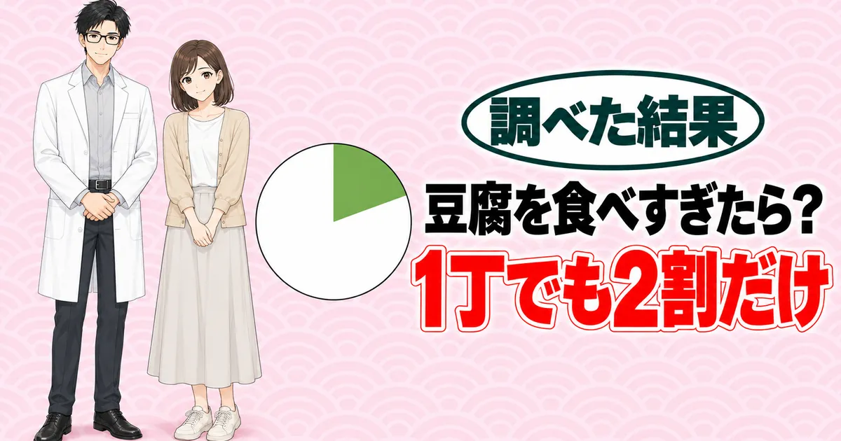 豆腐を食べすぎたら？1丁でも2割だけ、と円グラフの横に立つセイジとナナ