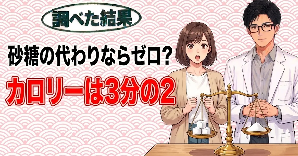 砂糖の代わりならゼロ？カロリーは3分の2、と天びんを前にしたナナとセイジのバナー