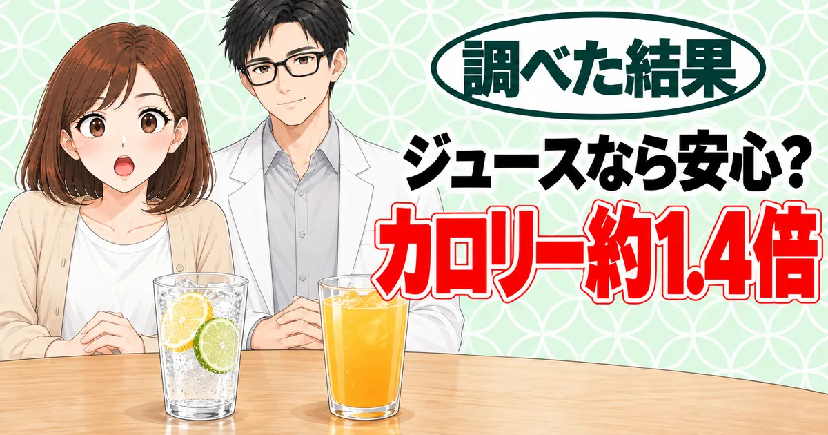 ジュースなら安心?カロリー約1.4倍、と炭酸とオレンジジュースを前にしたナナとセイジのバナー