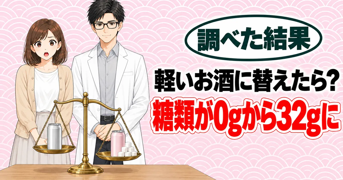 軽いお酒に替えたら?糖類が0gから32gに、と天びんの横に立つナナとセイジ