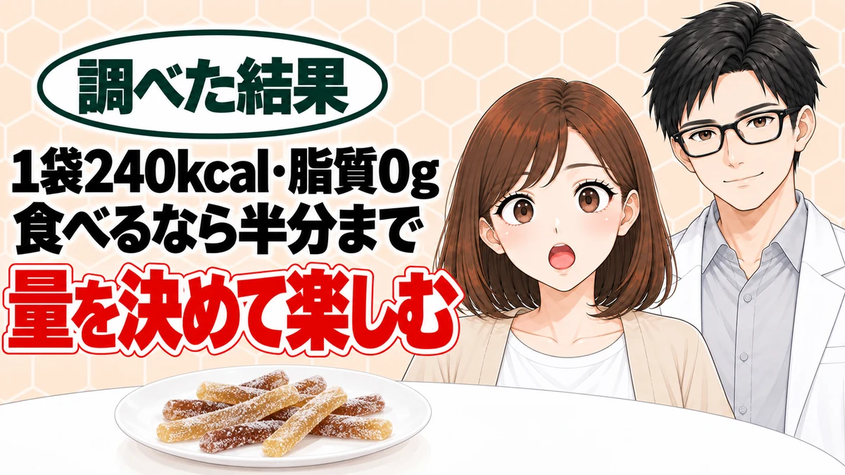 スッパイ大作戦は1袋240kcal・脂質0g、食べるなら半分まで、とスティック状のグミを前に驚くナナと微笑むセイジのアイキャッチ