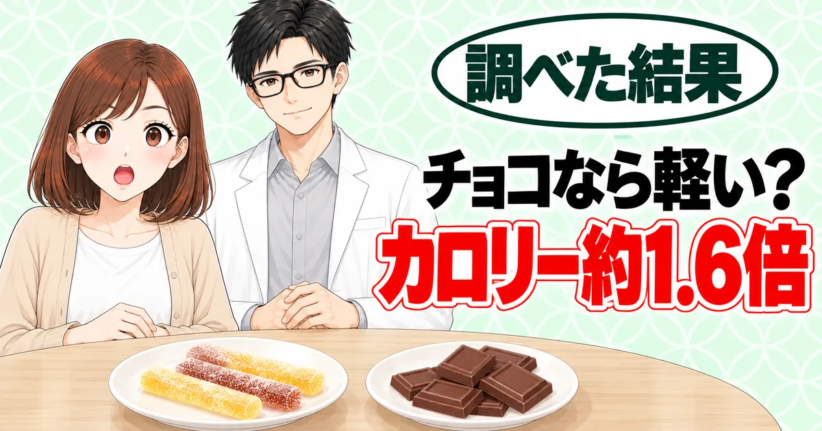 チョコなら軽い？カロリー約1.6倍、と驚くナナとセイジ、グミと板チョコのバナー