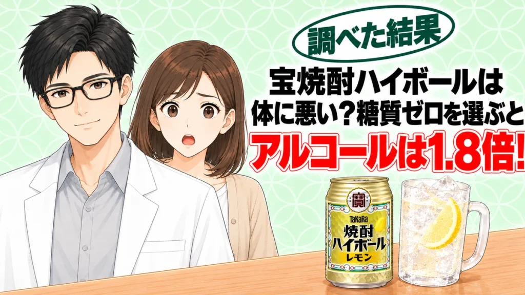 宝焼酎ハイボールは体に悪い？糖質ゼロを選ぶとアルコールは1.8倍、と缶を前に驚くナナと説明するセイジのアイキャッチ